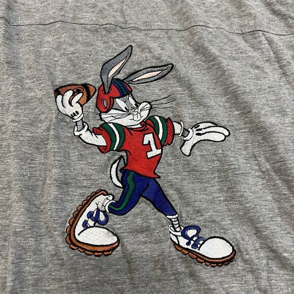 Vintage 90's Looney Tunes Bugs Bunny Football Gray 3/4 Sleeve Pullover Shirt LRG - Picture 2 of 8